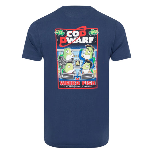 Main back view of a Weird Fish men's Cod Dwarf printed short sleeve t-shirt in Dark Blue.