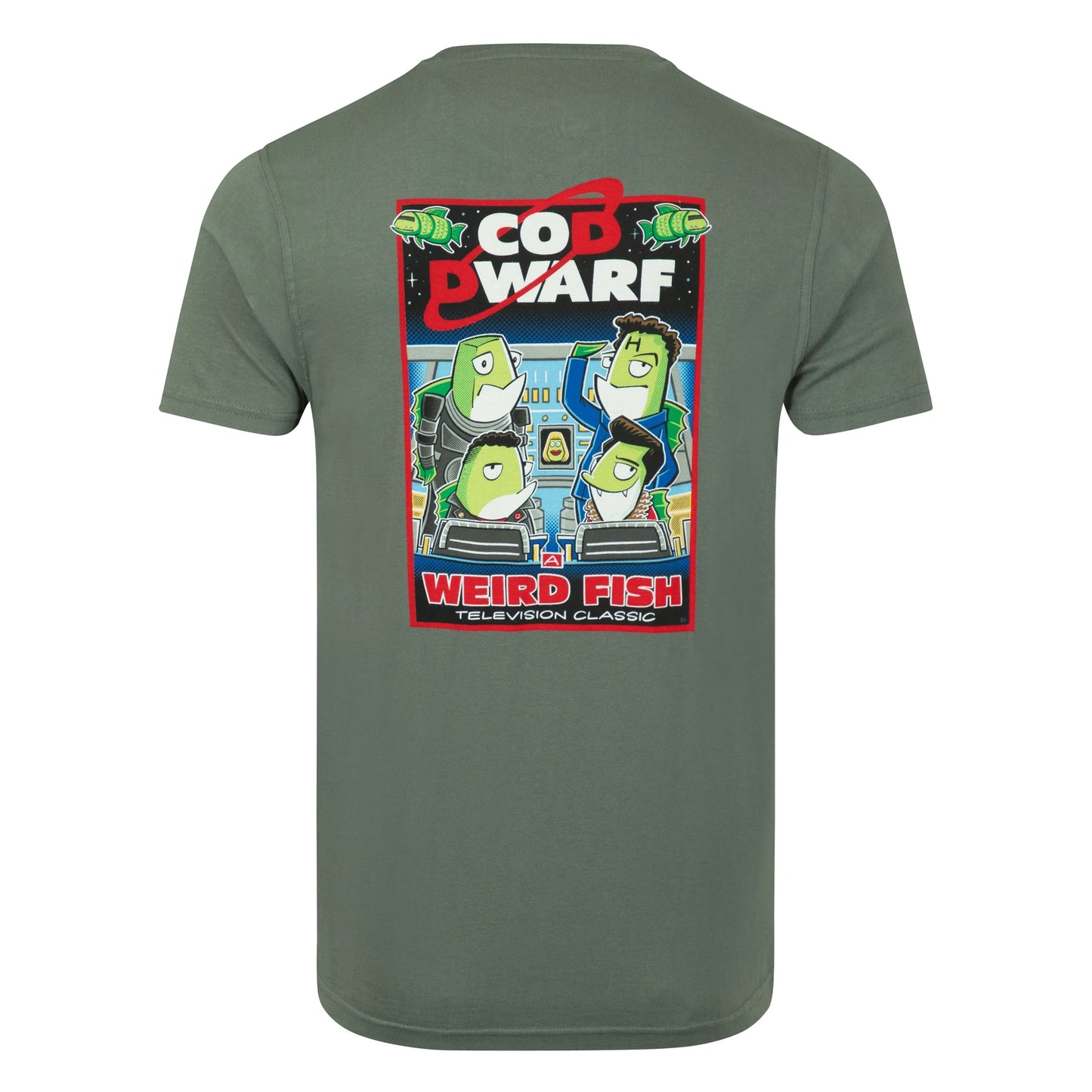 Main back view of a Weird Fish men's Cod Dwarf printed short sleeve t-shirt in Storm Grey.