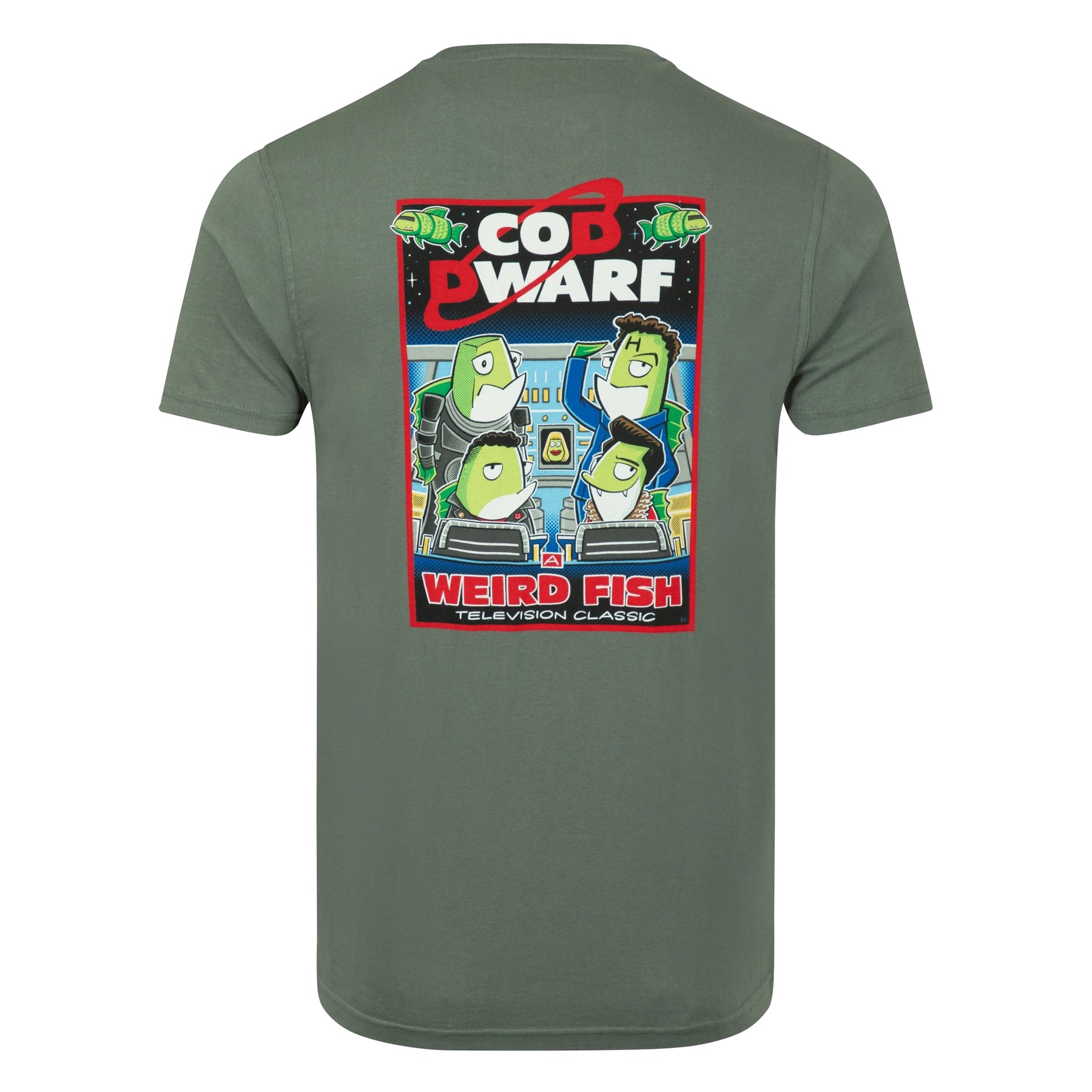Main back view of a Weird Fish men's Cod Dwarf printed short sleeve t-shirt in Storm Grey.