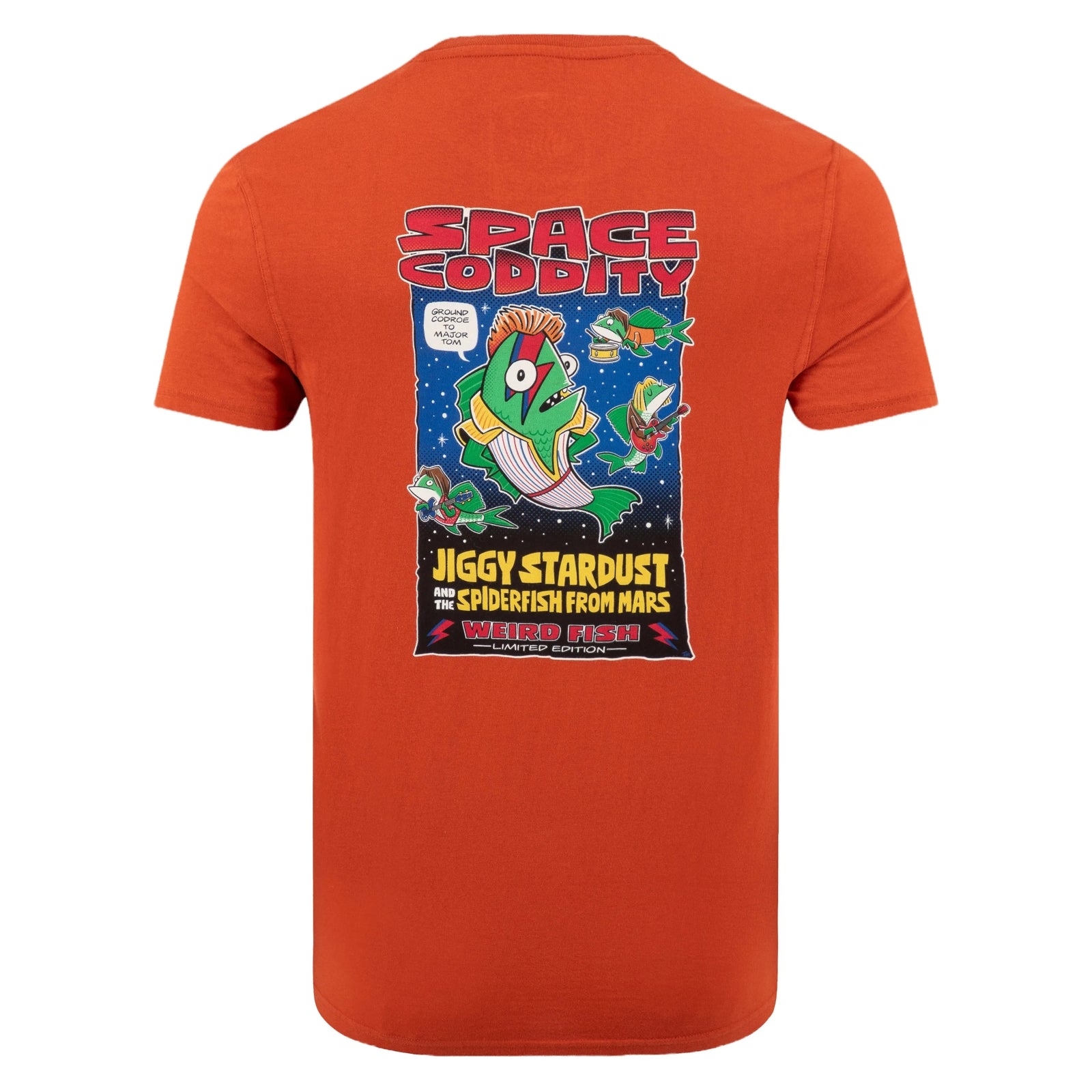 Main back view of a Weird Fish men's Space Coddity printed t-shirt in a Rust Leaves shade of orange.