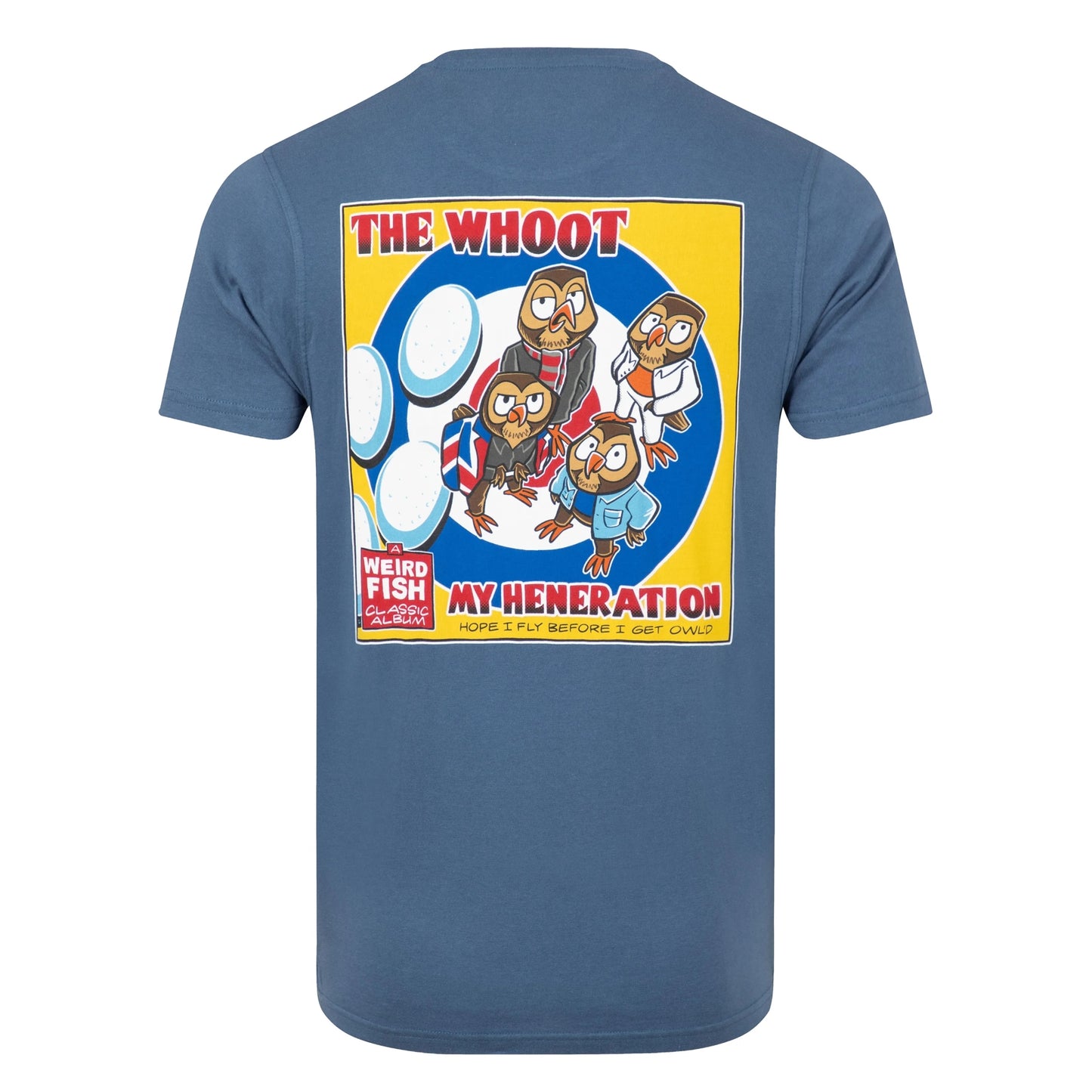 Back view of the large print on the back of a men's Weird Fish short sleeve The Whoot 'My Heneration' printed t-shirt in Ensign Blue.