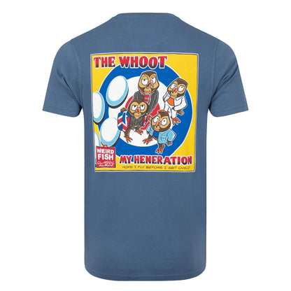 Back view of the large print on the back of a men's Weird Fish short sleeve The Whoot 'My Heneration' printed t-shirt in Ensign Blue.
