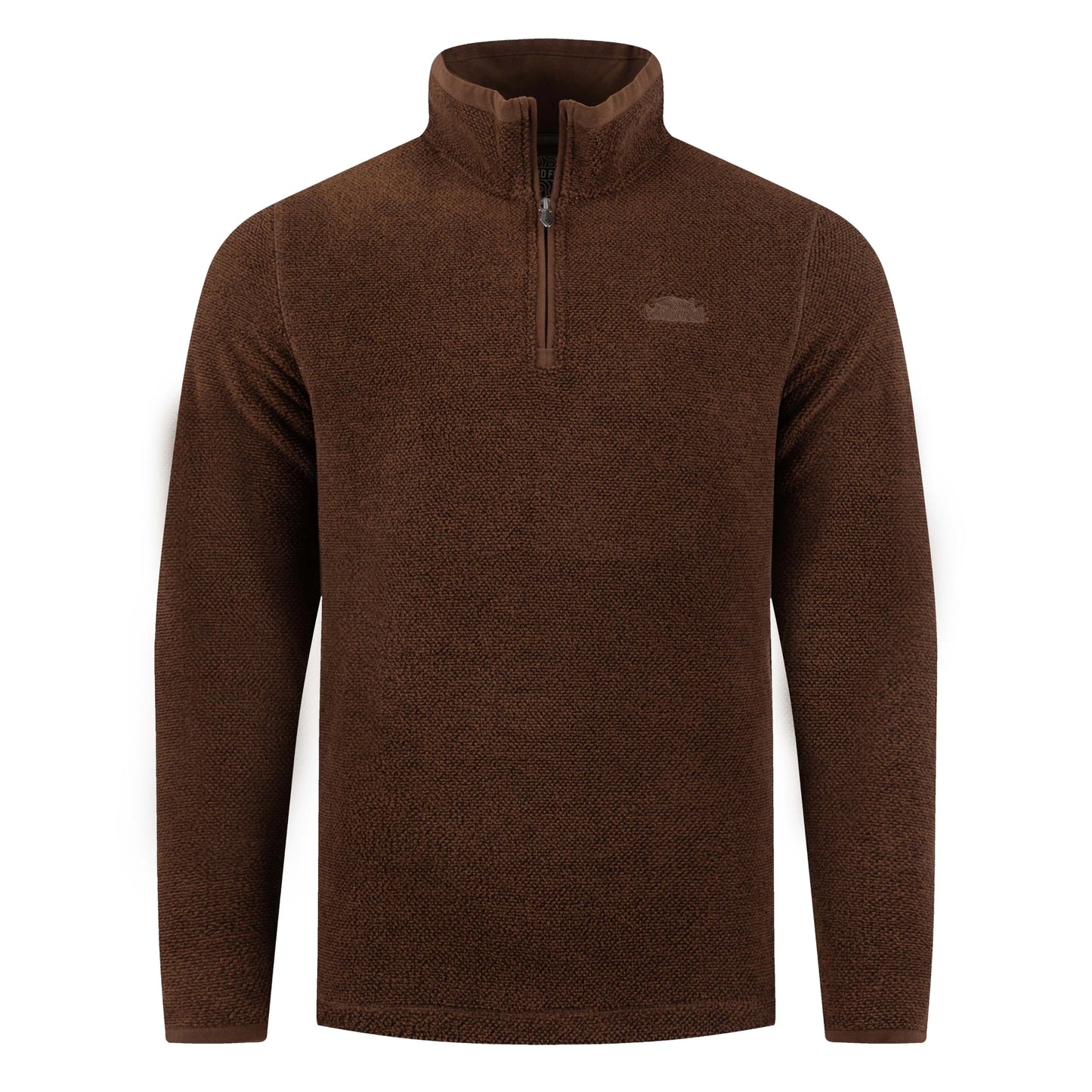 Front view of a mens Weird Fish quarter zip textured Errill fleece in Chocolate brown.