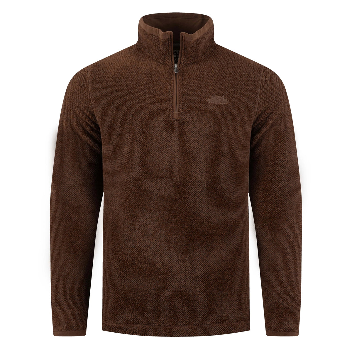 Front view of a mens Weird Fish quarter zip textured Errill fleece in Chocolate brown.
