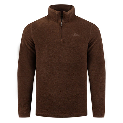 Front view of a mens Weird Fish quarter zip textured Errill fleece in Chocolate brown.
