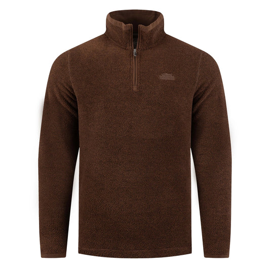 Front view of a mens Weird Fish quarter zip textured Errill fleece in Chocolate brown.