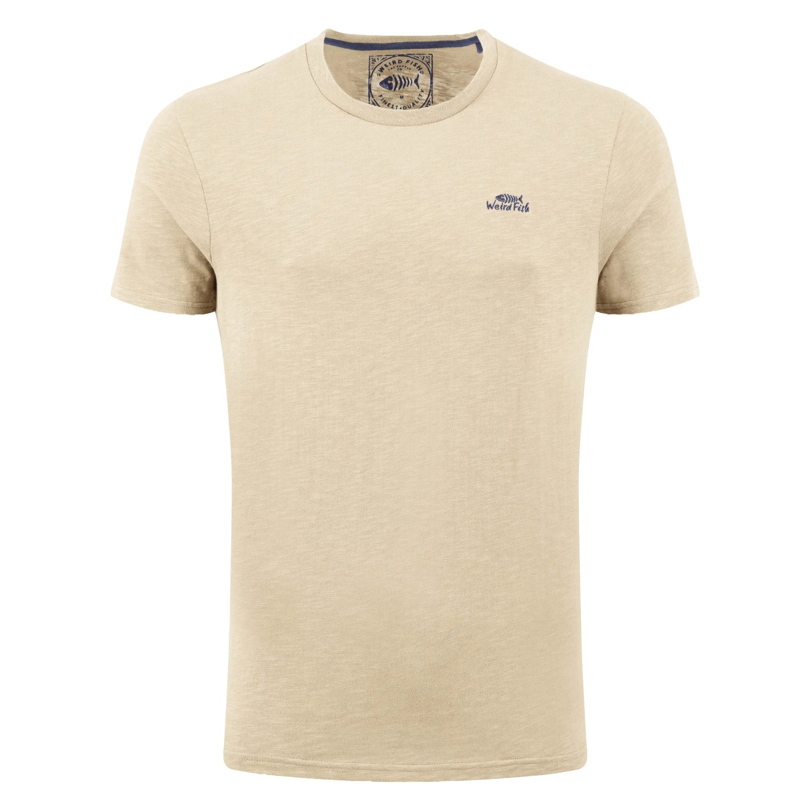 Main front view of a mens Weird Fish crew neck short sleeve Fished t-shirt in Egg Shell with small logo on one side of the chest.