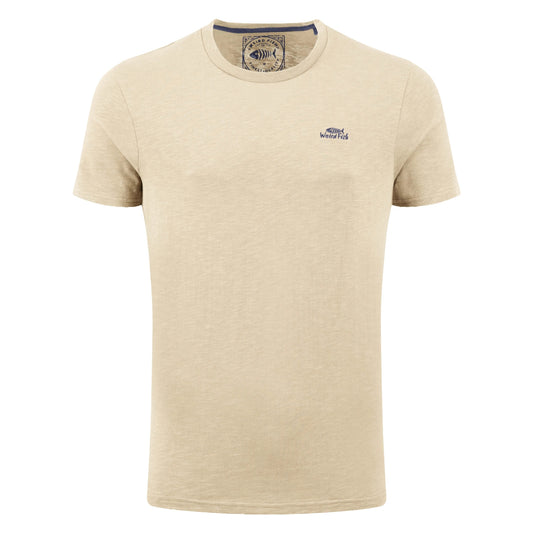 Main front view of a mens Weird Fish crew neck short sleeve Fished t-shirt in Egg Shell with small logo on one side of the chest.
