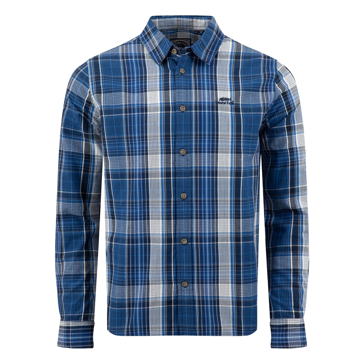 Main front view of a mens Weird Fish long sleeve Lando shirt, in a navy, blue and white check pattern.