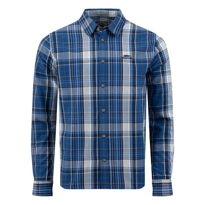 Main front view of a mens Weird Fish long sleeve Lando shirt, in a navy, blue and white check pattern.