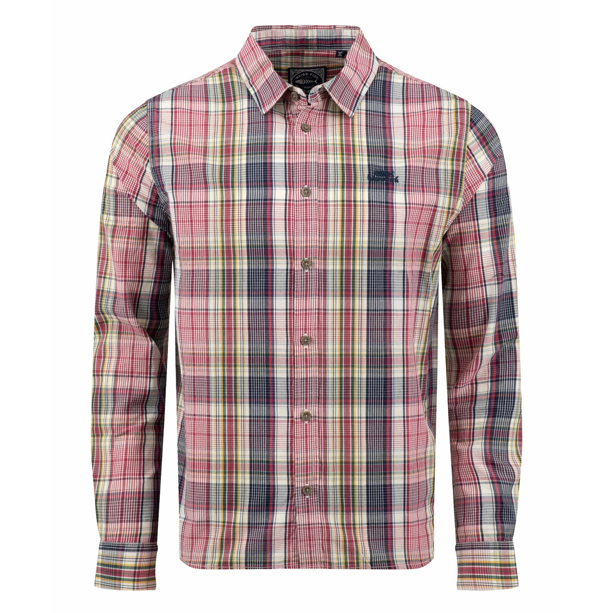 Main front view of a mens Weird Fish long sleeve Lando shirt, in a crushed berry, navy, yellow and white check pattern.