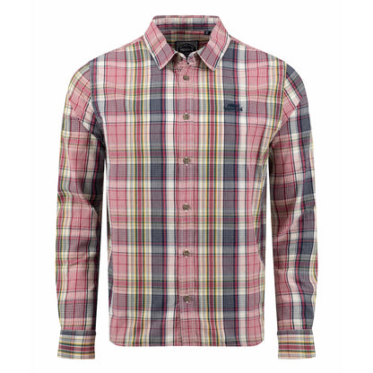 Main front view of a mens Weird Fish long sleeve Lando shirt, in a crushed berry, navy, yellow and white check pattern.