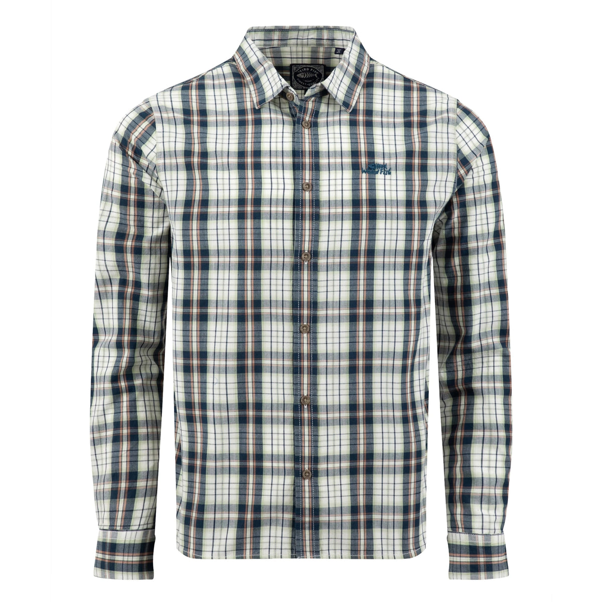 Main front view of a mens Weird Fish long sleeve Lando shirt, in Off White with a navy, green and orange check pattern.
