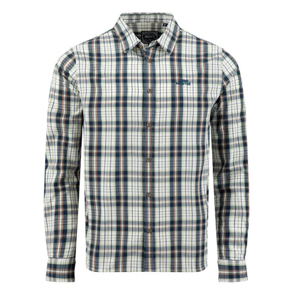 Main front view of a mens Weird Fish long sleeve Lando shirt, in Off White with a navy, green and orange check pattern.