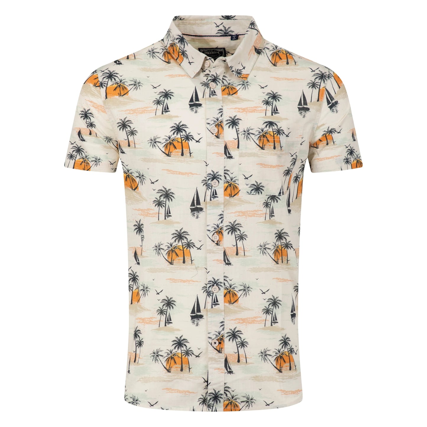 Front view of a men's Weird Fish short sleeve Faraway shirt in Ecru with a tropical island, palm trees, sun and sailboat pattern
