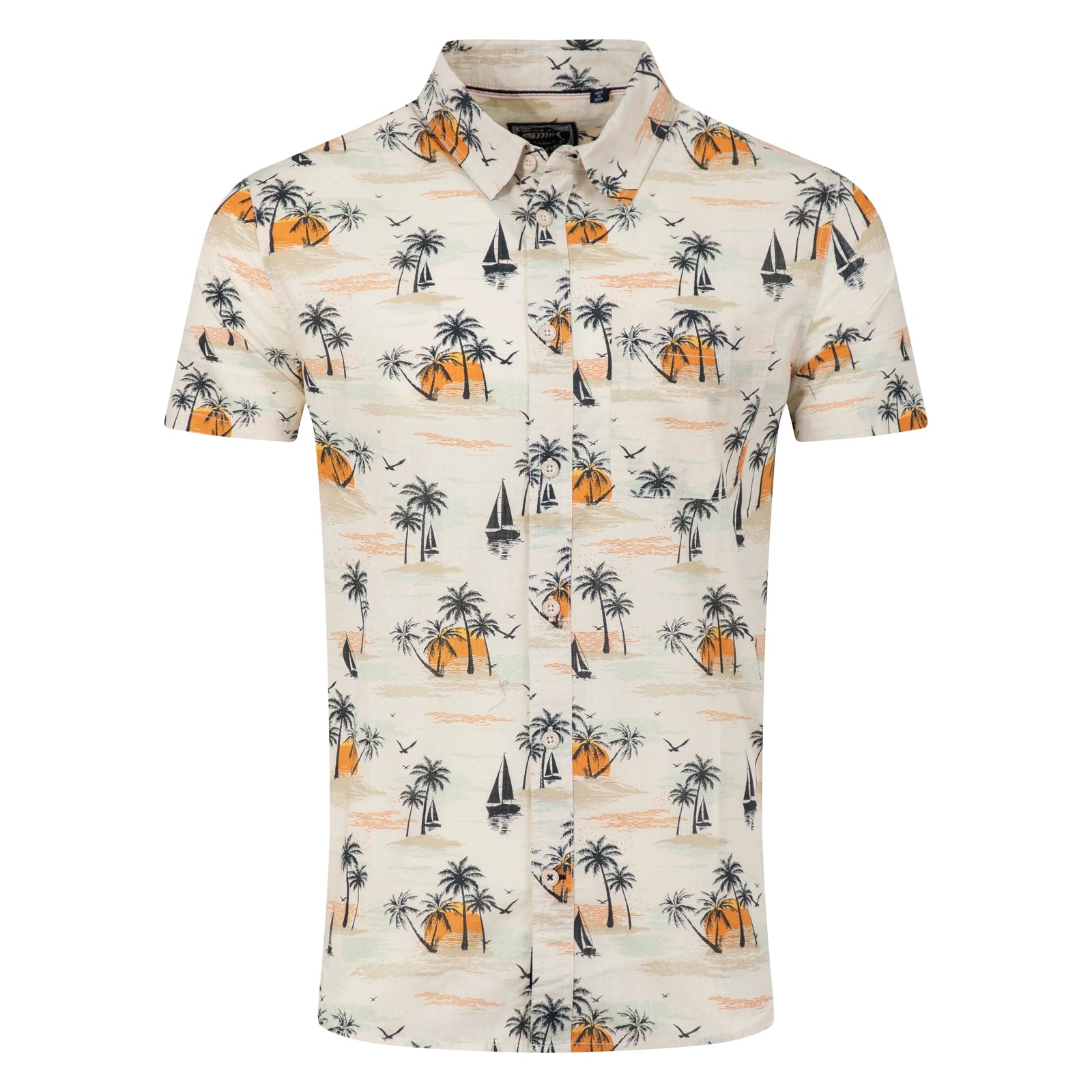Front view of a men's Weird Fish short sleeve Faraway shirt in Ecru with a tropical island, palm trees, sun and sailboat pattern