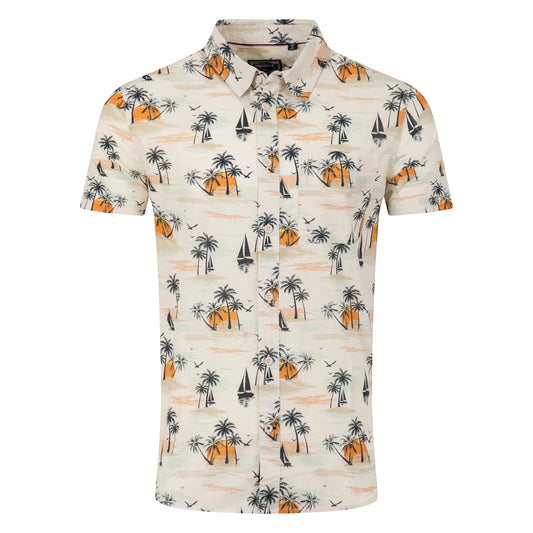 Front view of a men's Weird Fish short sleeve Faraway shirt in Ecru with a tropical island, palm trees, sun and sailboat pattern