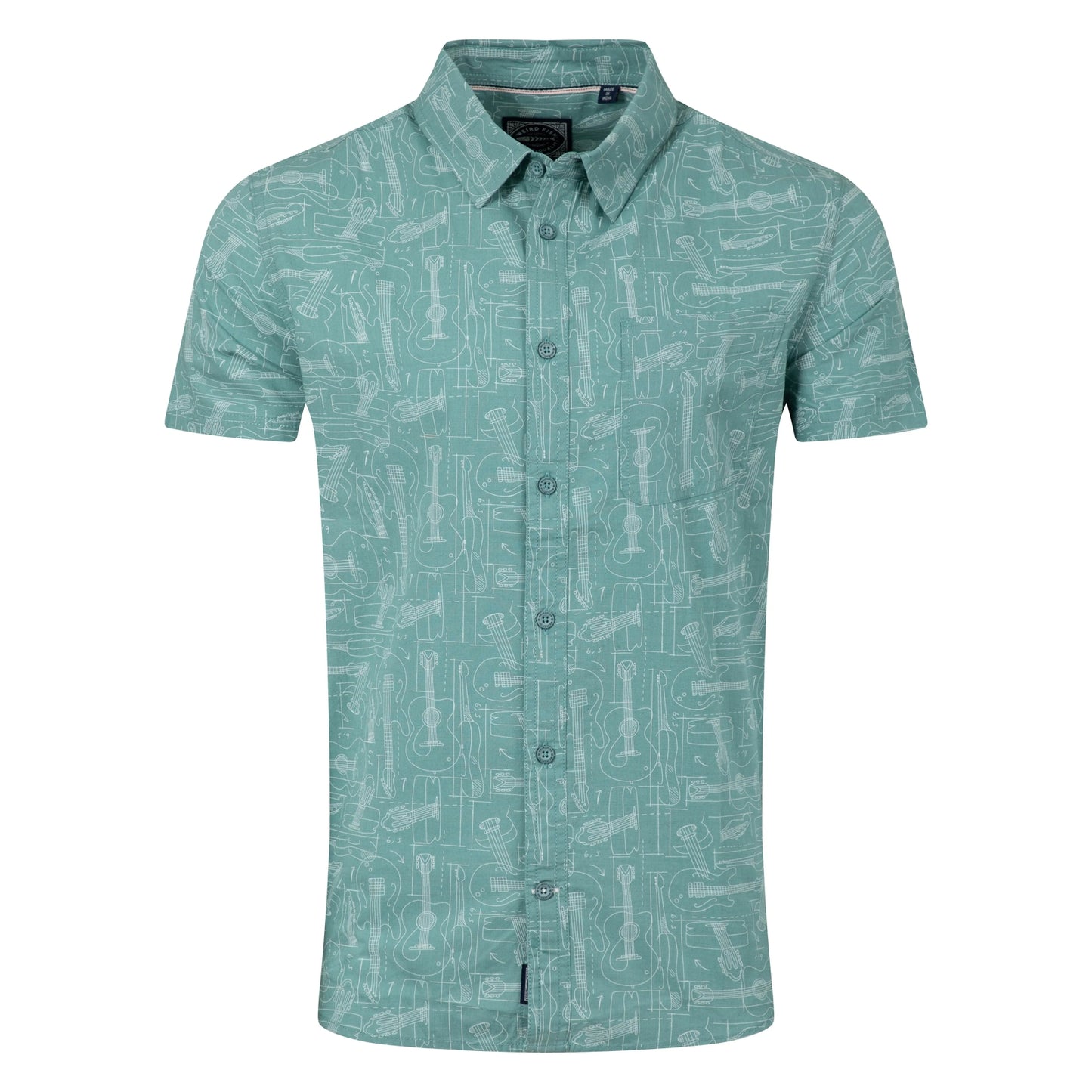 Weird Fish Mens Faraway Guitar Print Short Sleeve Shirt - Mineral Blue