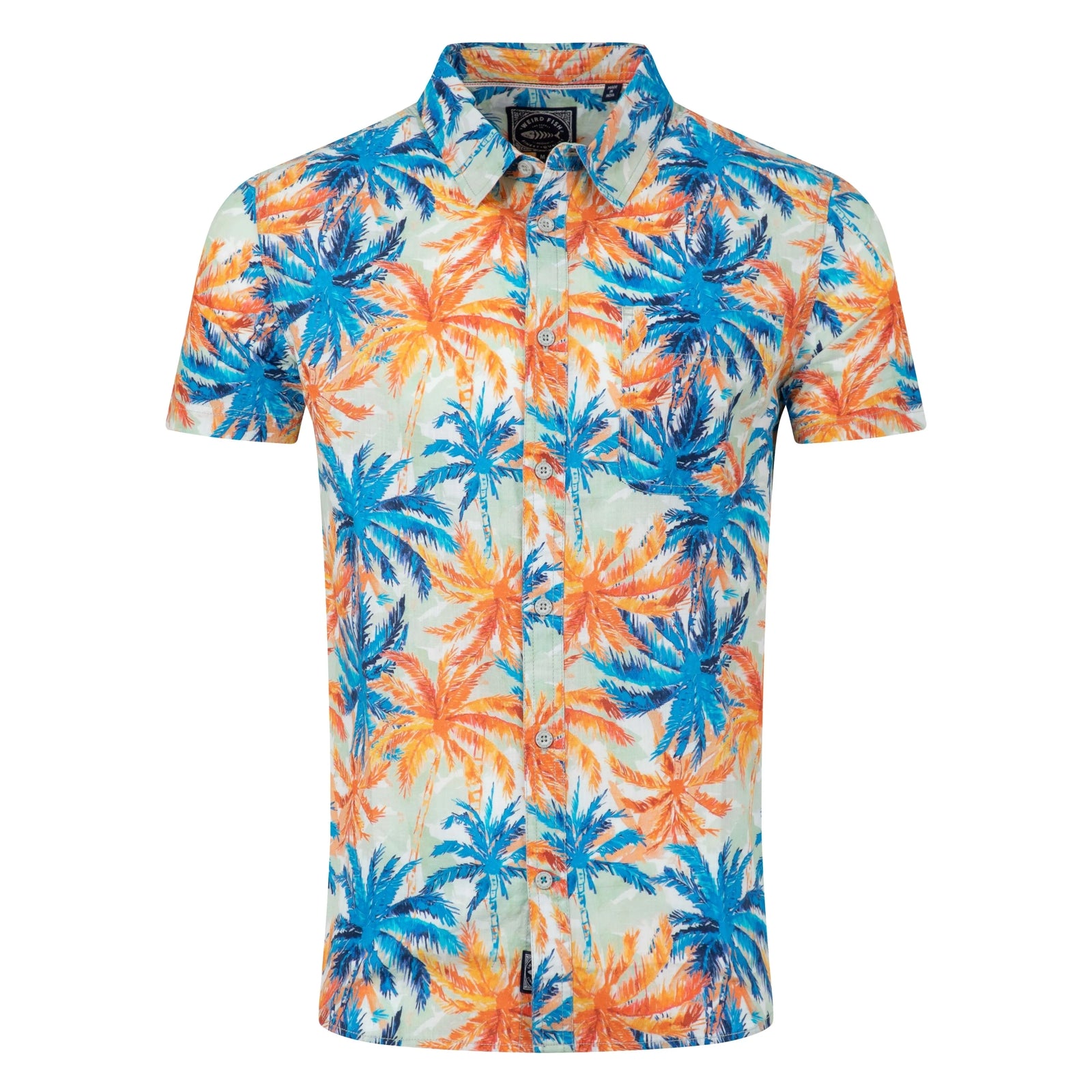 Front view of a men's Weird Fish short sleeve Faraway shirt in Paprika orange and blue with a tropical palm tree pattern