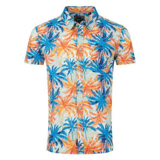 Front view of a men's Weird Fish short sleeve Faraway shirt in Paprika orange and blue with a tropical palm tree pattern