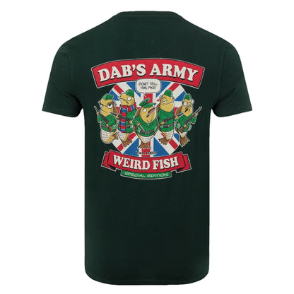Main back view of a men's Weird Fish Dab's Army printed t-shirt, in beetle green, featuring a large Dad's Army TV show themed print with the lines: "Dab's Army" "Don't Tell Him, Pike!", "Weird Fish".