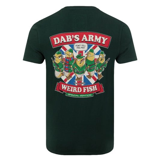 Main back view of a men's Weird Fish Dab's Army printed t-shirt, in beetle green, featuring a large Dad's Army TV show themed print with the lines: "Dab's Army" "Don't Tell Him, Pike!", "Weird Fish".