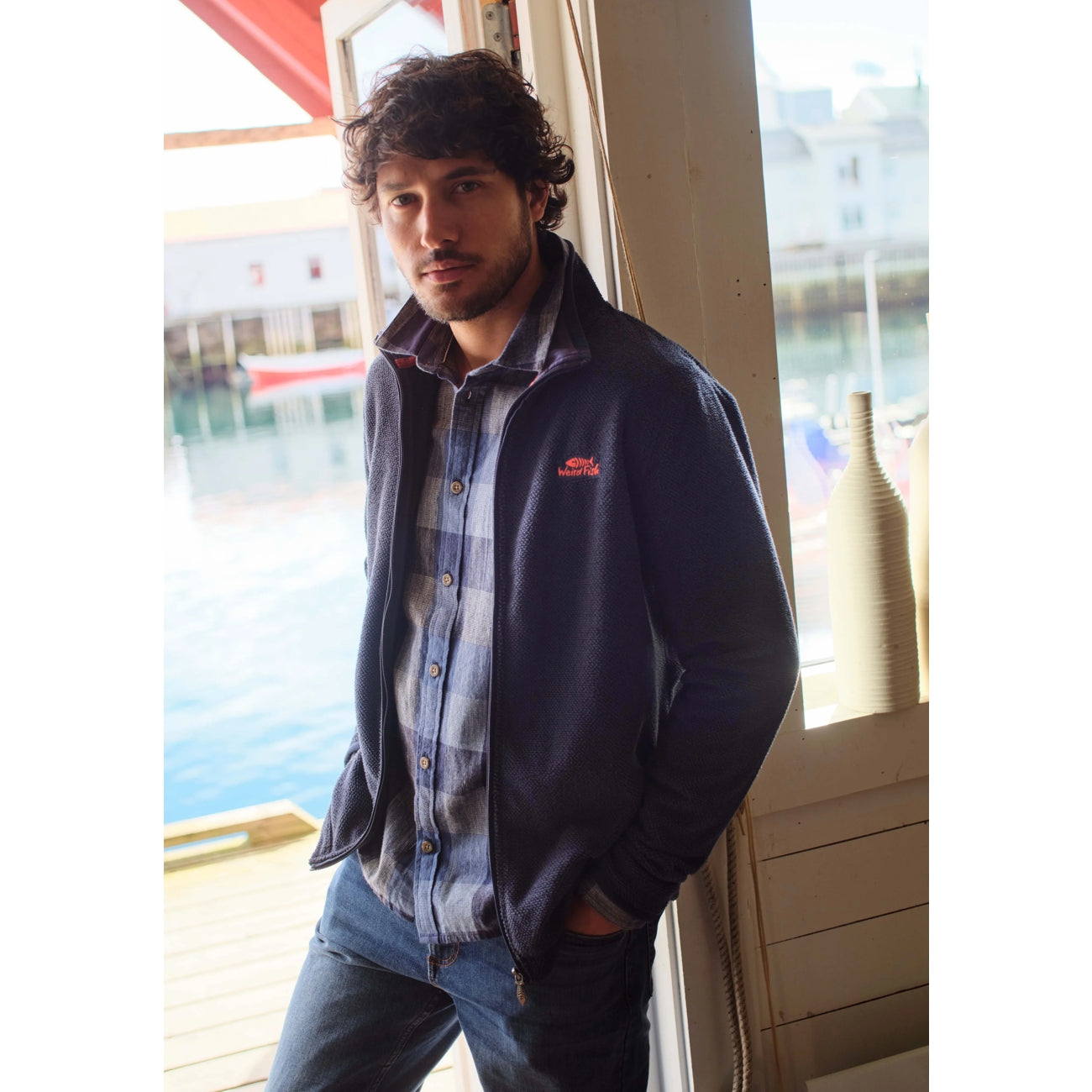 Weird Fish Mens Merrill Full Zip Textured Fleece Midnight Navy