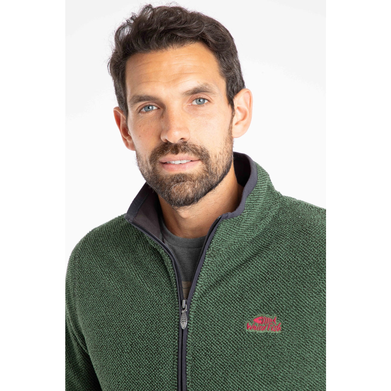 Weird Fish Mens Merrill Full Zip Textured Fleece Shaded Spruce Green