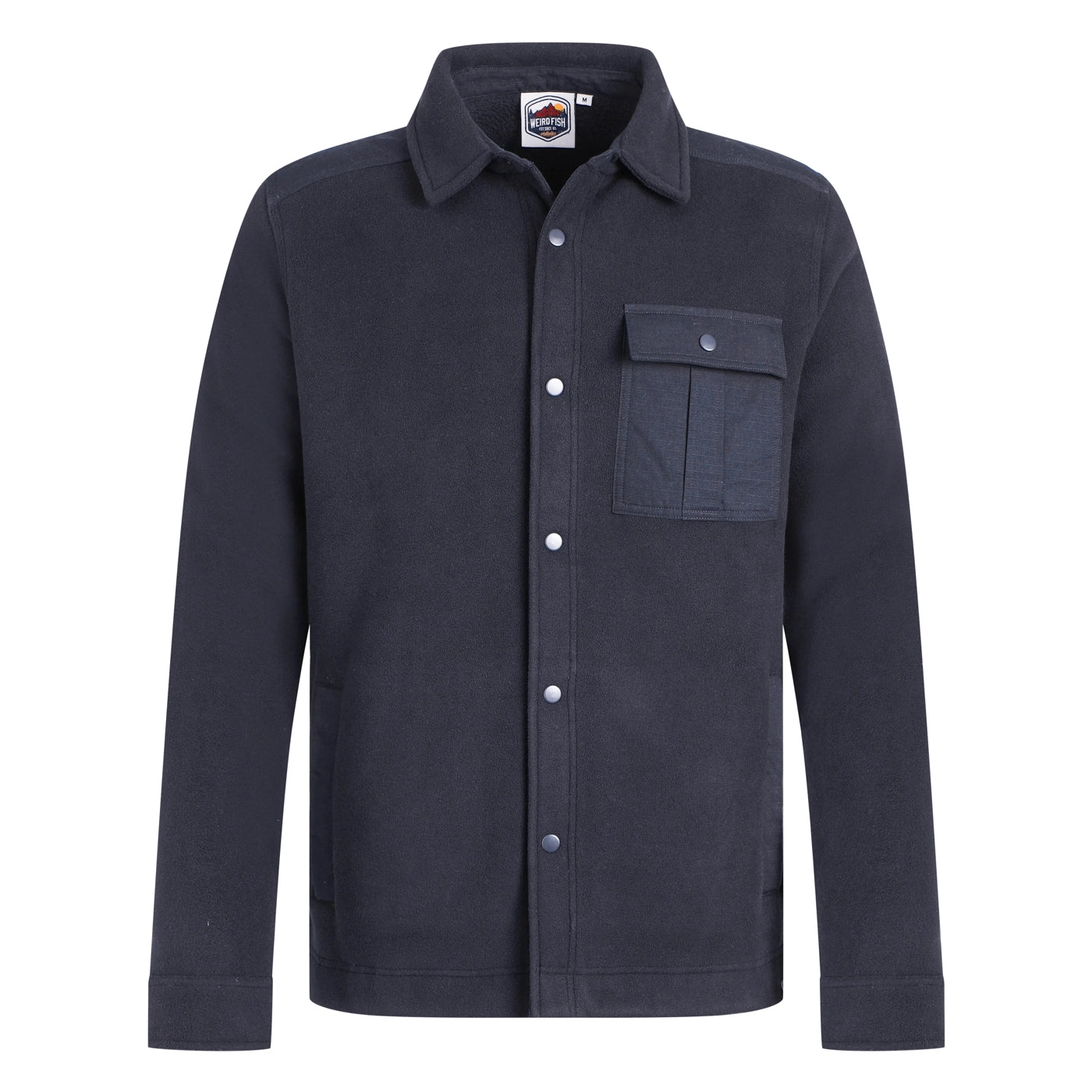 Front view of a mens Weird Fish navy button-up Boyd fleece shirt jacket with a pocket on a white background