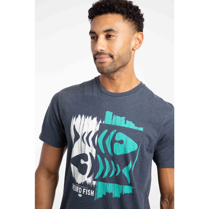 Closeup of a man wearing a Weird Fish Double Fish navy short sleeve t-shirt with a distressed style fishbones print on a white background