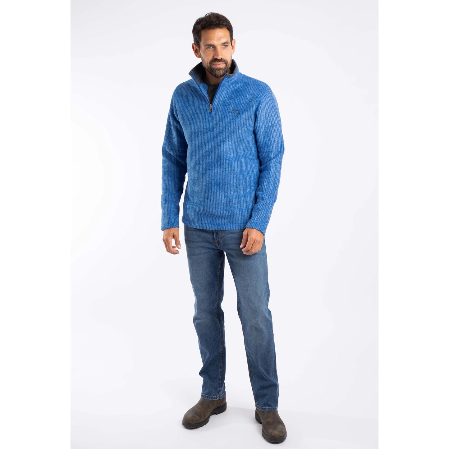 Weird Fish mens Newark grid fleece in Blue worn by male model with zip neck and long sleeves