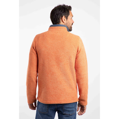 Weird Fish mens Newark grid fleece in Brick Orange shown from the back on a male model wearing jeans