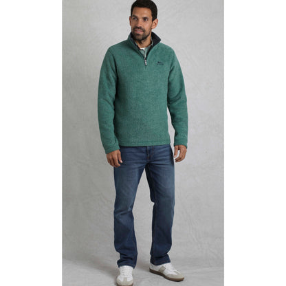 Weird Fish mens Newark grid fleece in Leaf Green worn by male model with zipper collar.