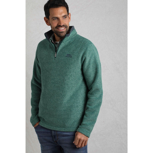 Front view of a Weird Fish mens Newark grid fleece in Leaf Green with quarter zip and textured pattern