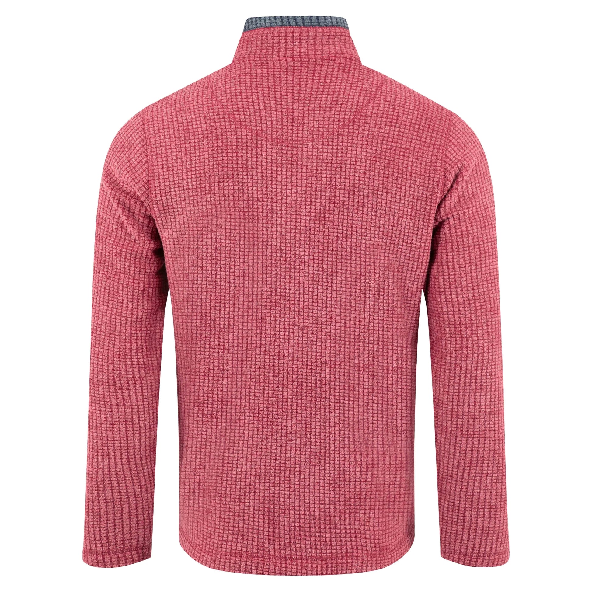 Weird Fish mens Newark grid fleece in Rhubarb red shown from the back with textured pattern and long sleeves