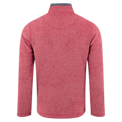 Weird Fish mens Newark grid fleece in Rhubarb red shown from the back with textured pattern and long sleeves
