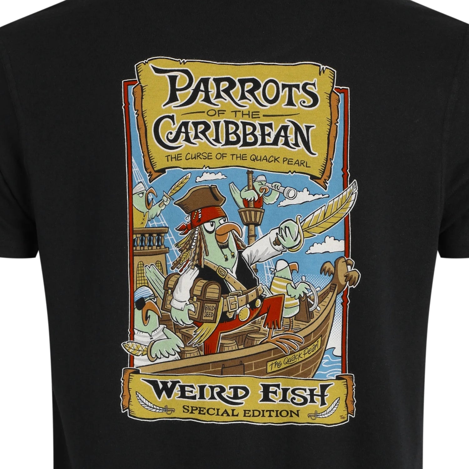 Weird Fish mens Parrots Caribbean tee featuring pirate parrot graphic on black t-shirt