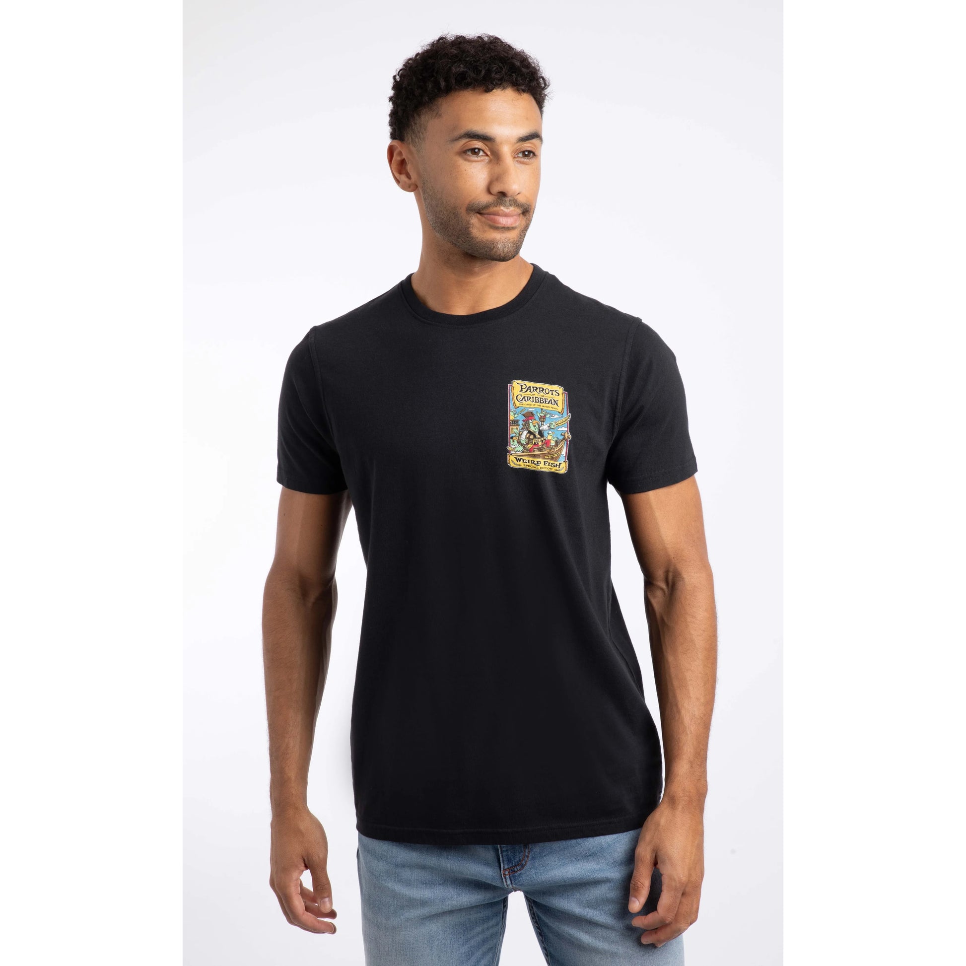 Weird Fish mens Parrots Caribbean tee black short sleeve t-shirt with colourful chest patch