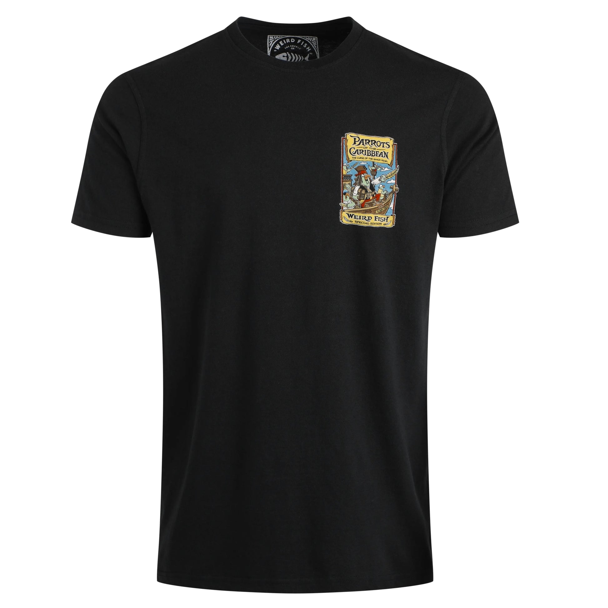 Weird Fish mens Parrots Caribbean tee black t-shirt with colourful parrot graphic on chest