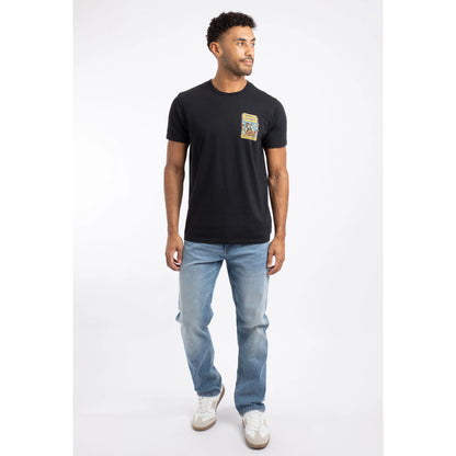 Weird Fish mens Parrots Caribbean tee black t-shirt with colourful parrot graphic worn by male model