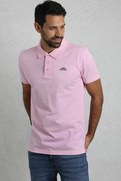 Weird Fish mens pink polo shirt worn by model with short sleeves and button collar