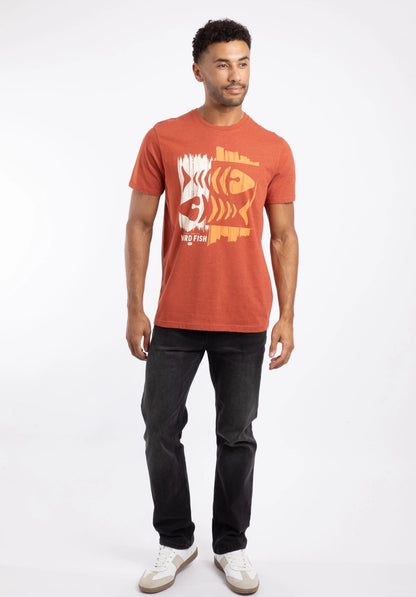 Man wearing a Rust Leaves colour Weird Fish short sleeve Double fish t-shirt with a fishbones print with black jeans on a white background