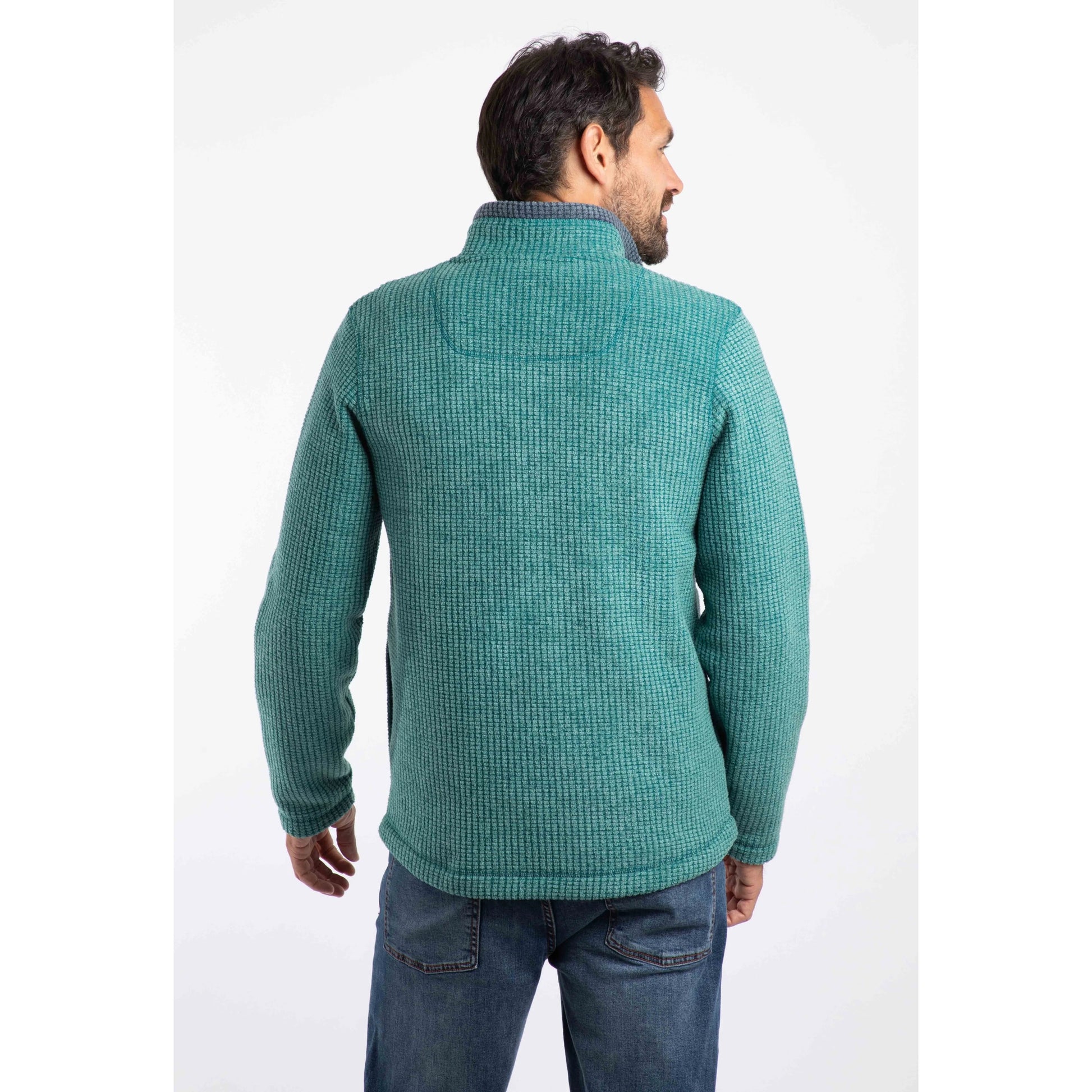 Back view of a man wearing Weird Fish mens Shires full zip grid fleece Leaf Green with long sleeves