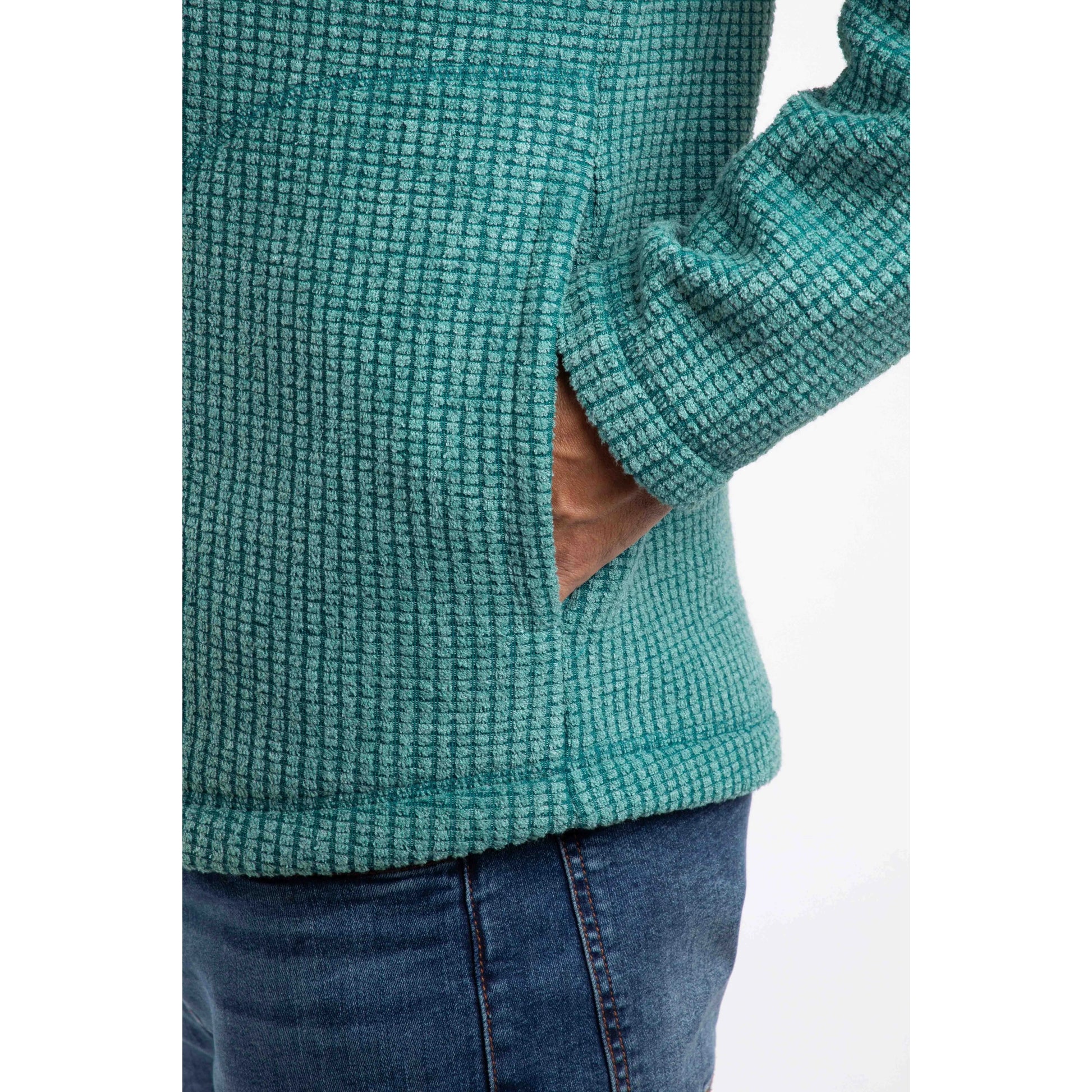 Weird Fish mens Shires full zip grid fleece Leaf Green close-up of textured fabric and side pocket