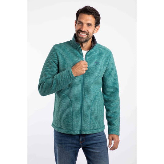 Front view of a Weird Fish mens Shires full zip grid fleece Leaf Green worn by man with casual look and front pockets