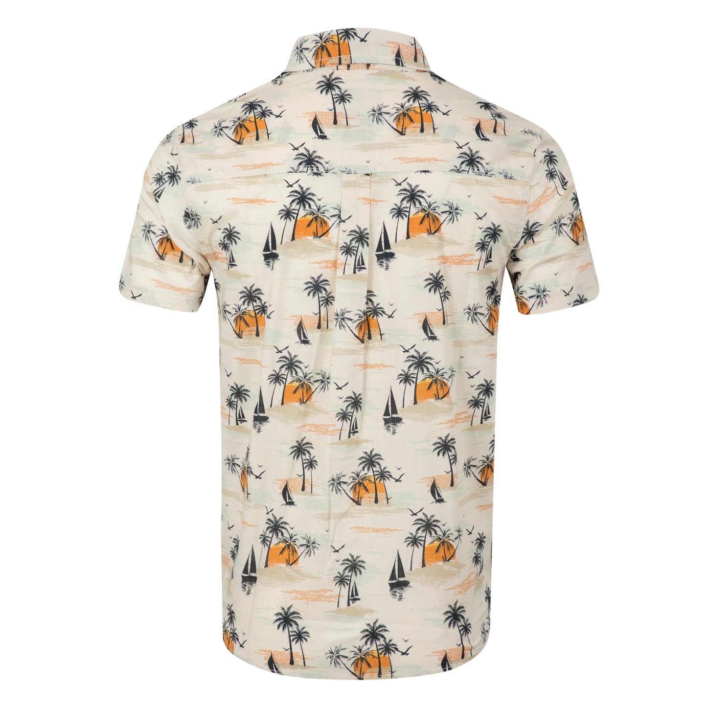 Back view of a men's Weird Fish short sleeve Faraway shirt in Ecru with a tropical island, palm trees, sun and sailboat pattern