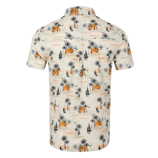Back view of a men's Weird Fish short sleeve Faraway shirt in Ecru with a tropical island, palm trees, sun and sailboat pattern