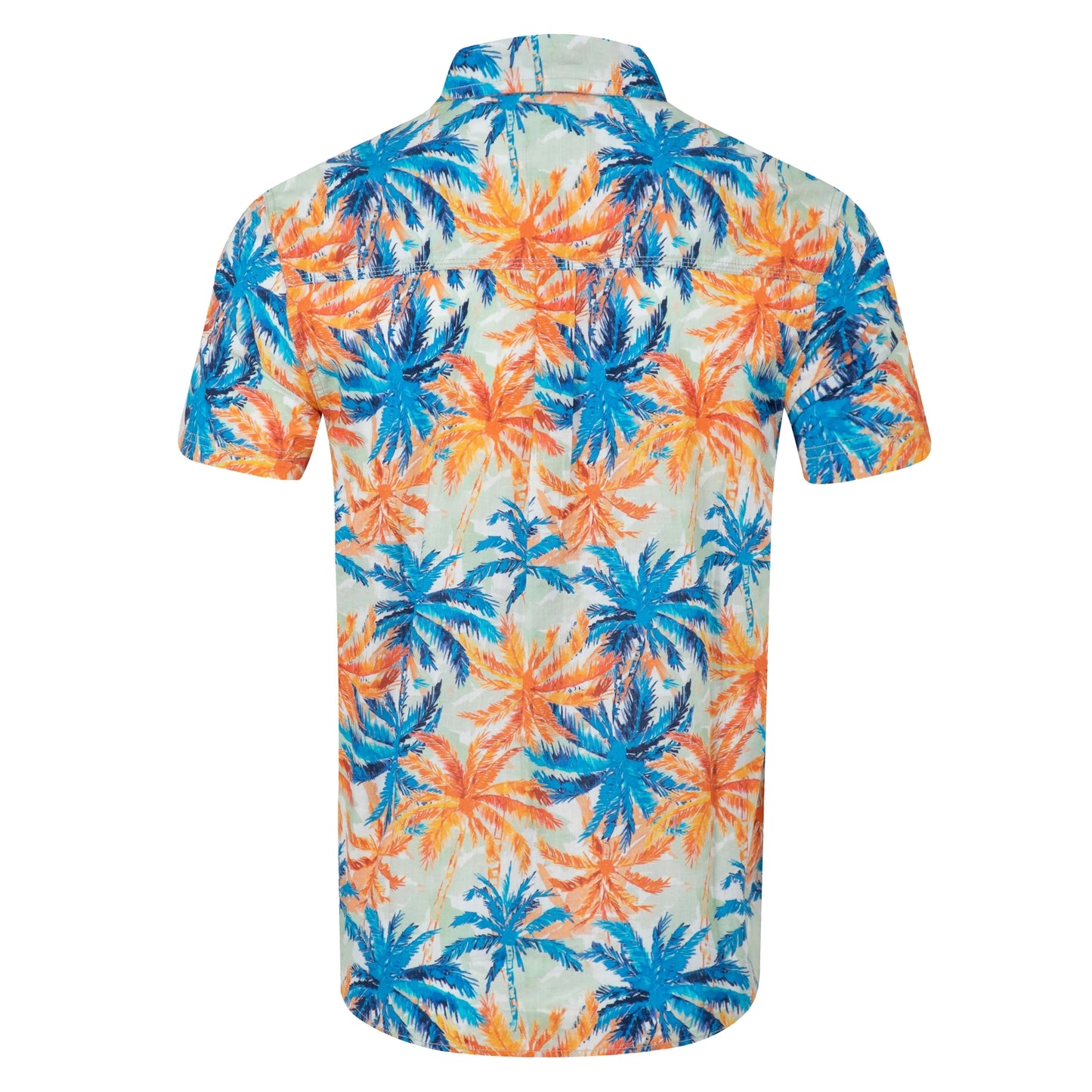 Back view of a men's Weird Fish short sleeve Faraway shirt in Paprika orange and blue with a tropical palm tree pattern