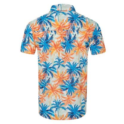 Back view of a men's Weird Fish short sleeve Faraway shirt in Paprika orange and blue with a tropical palm tree pattern