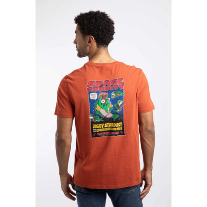 Back view of a man wearing a Weird Fish Space Coddity printed t-shirt in a Rust Leaves shade of orange.